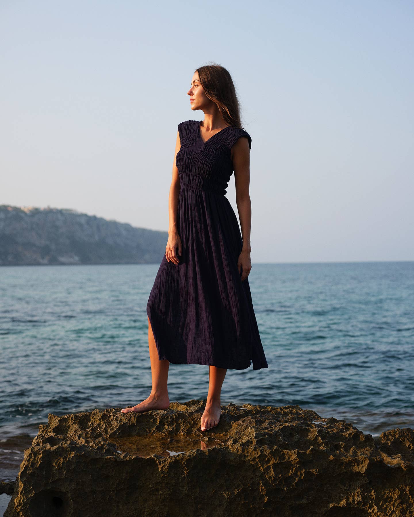 736 ALBAZER Gathered V-neck dress in beige organic cotton