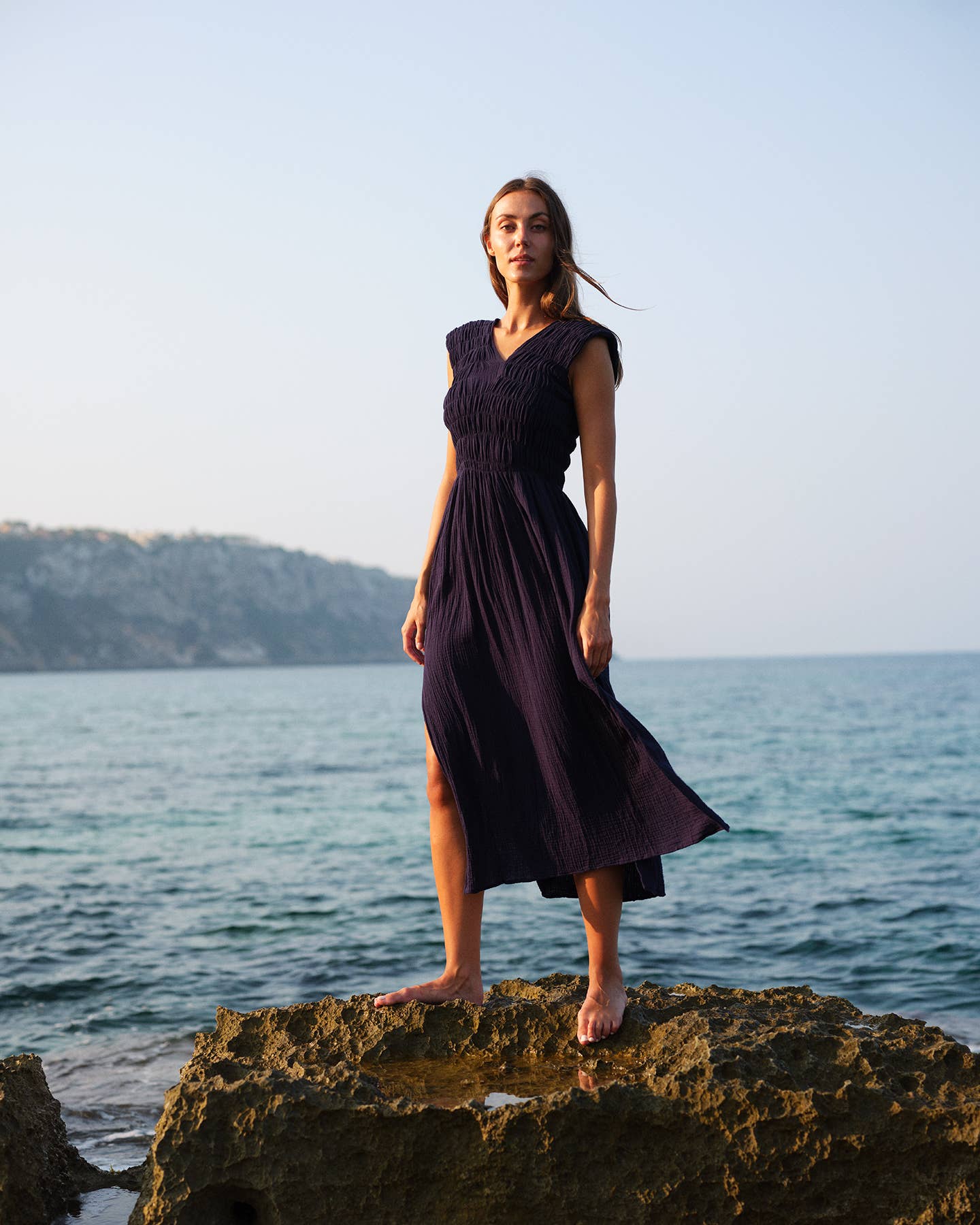736 ALBAZER Gathered V-neck dress in beige organic cotton