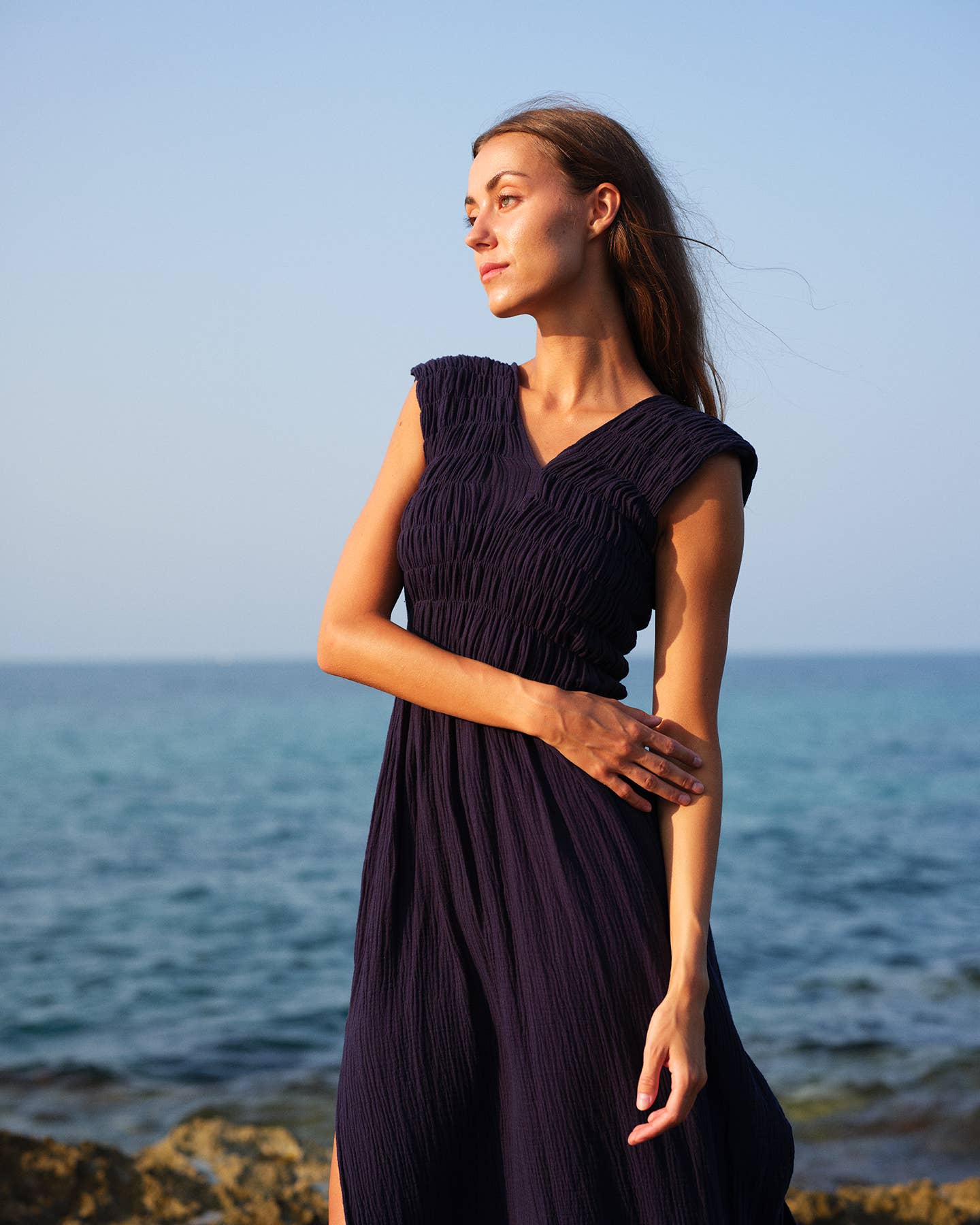 736 ALBAZER Gathered V-neck dress in beige organic cotton