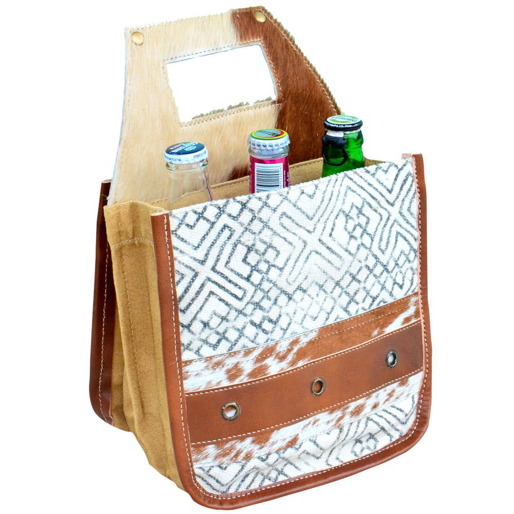 White Canvas & Fur Beer Carrier - Vintage Charm