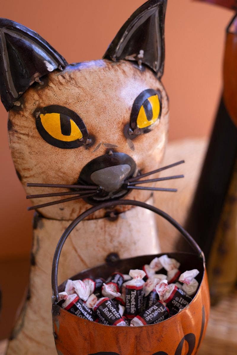 SET OF TWO RECYCLED METAL HALLOWEEN CAT AND DOG