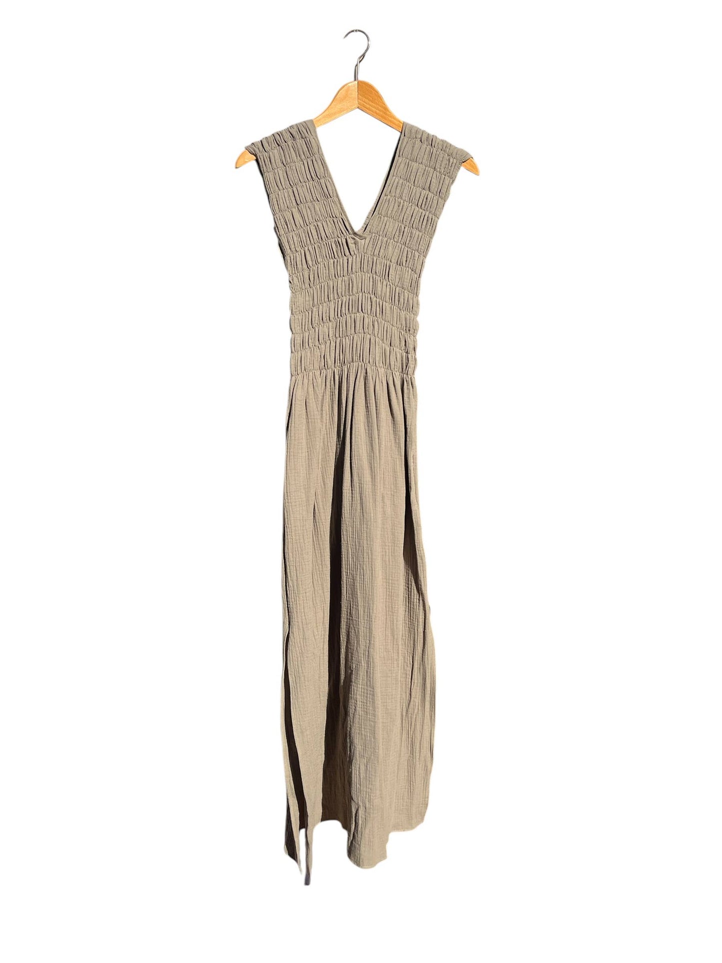 736 ALBAZER Gathered V-neck dress in beige organic cotton