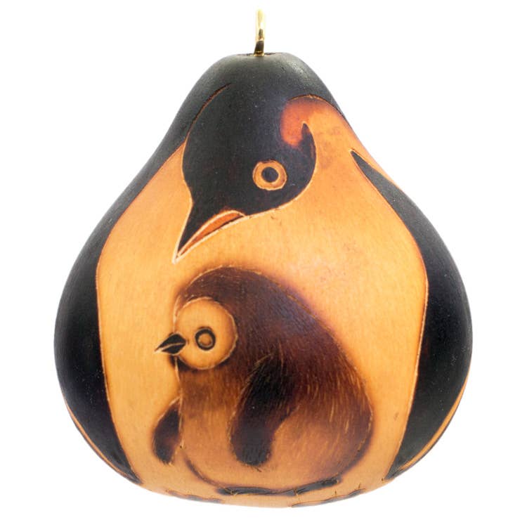 Penguin Mom & Chick - Gourd Ornament - Nature Inspired