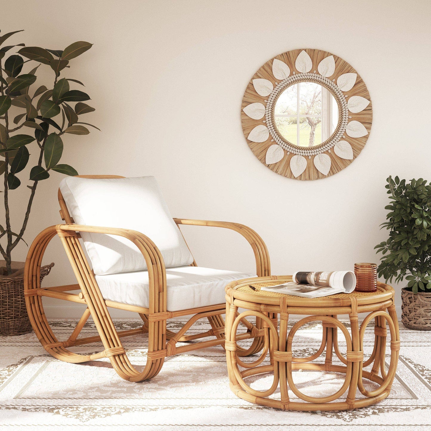 Dauna Boho-Chic Round Rattan Mirror