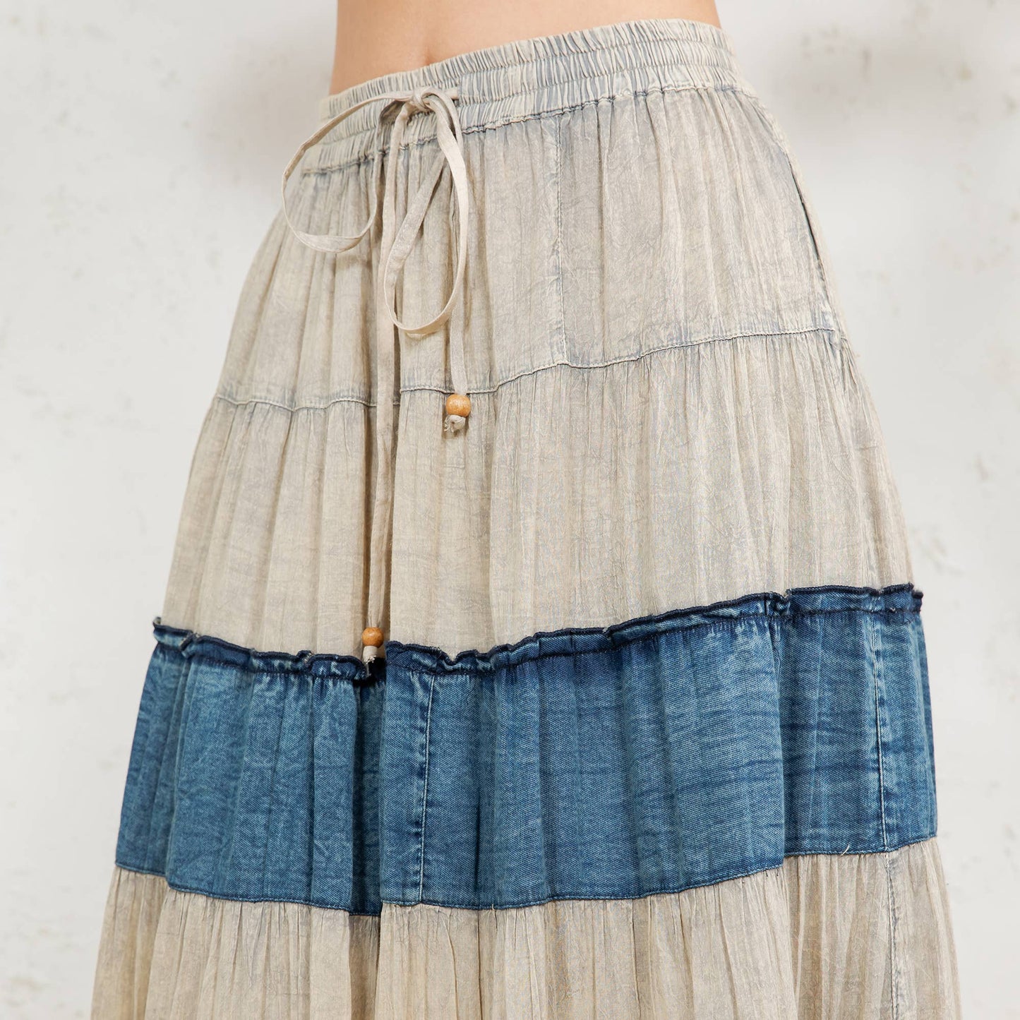Boho Patchwork Long Skirt with Denim& Lace Inserts
