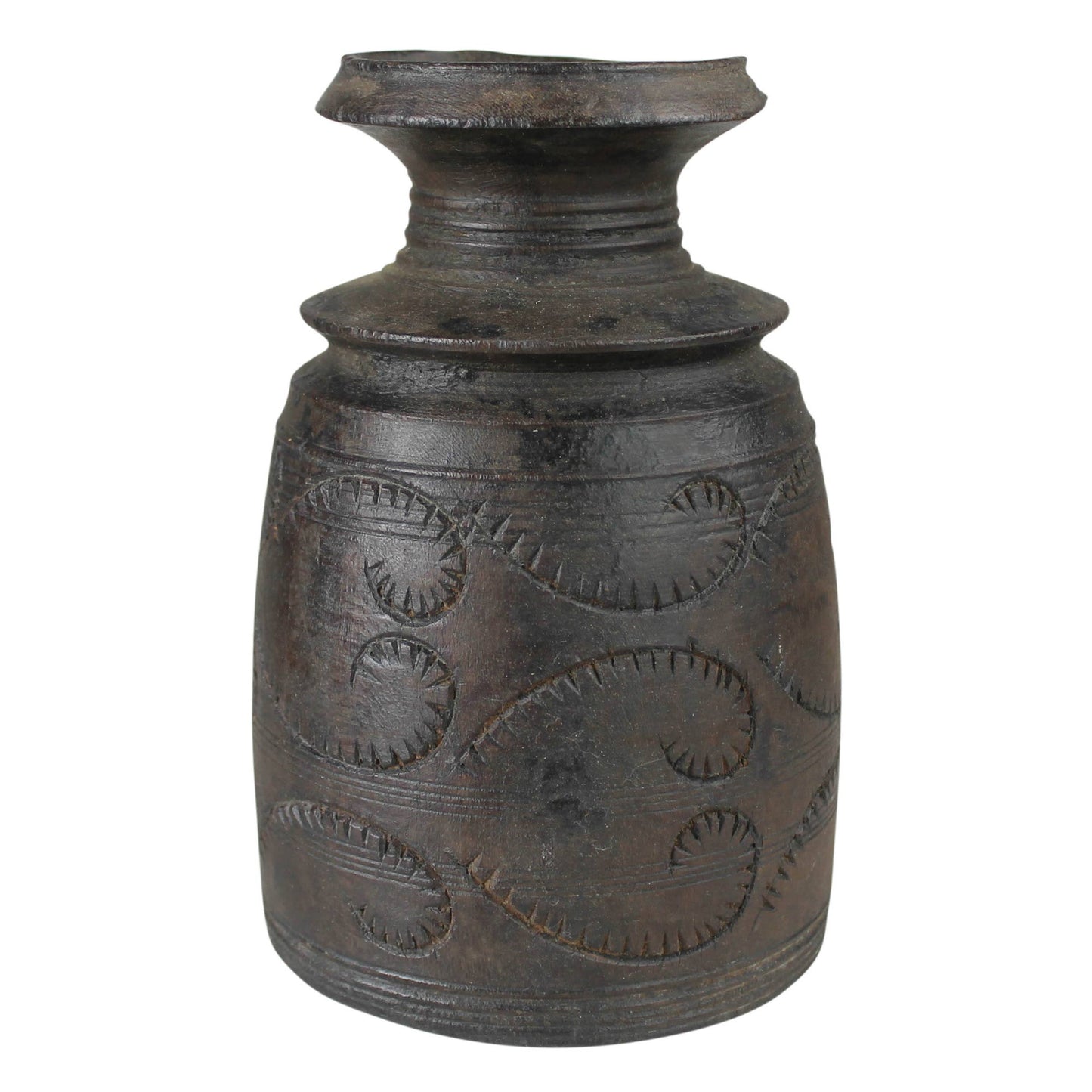 Carved Wood Pot, Dark - Sm. One of a kind, Size will vary