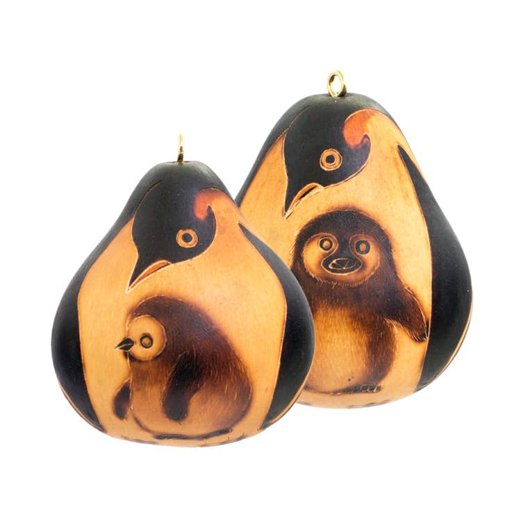 Penguin Mom & Chick - Gourd Ornament - Nature Inspired