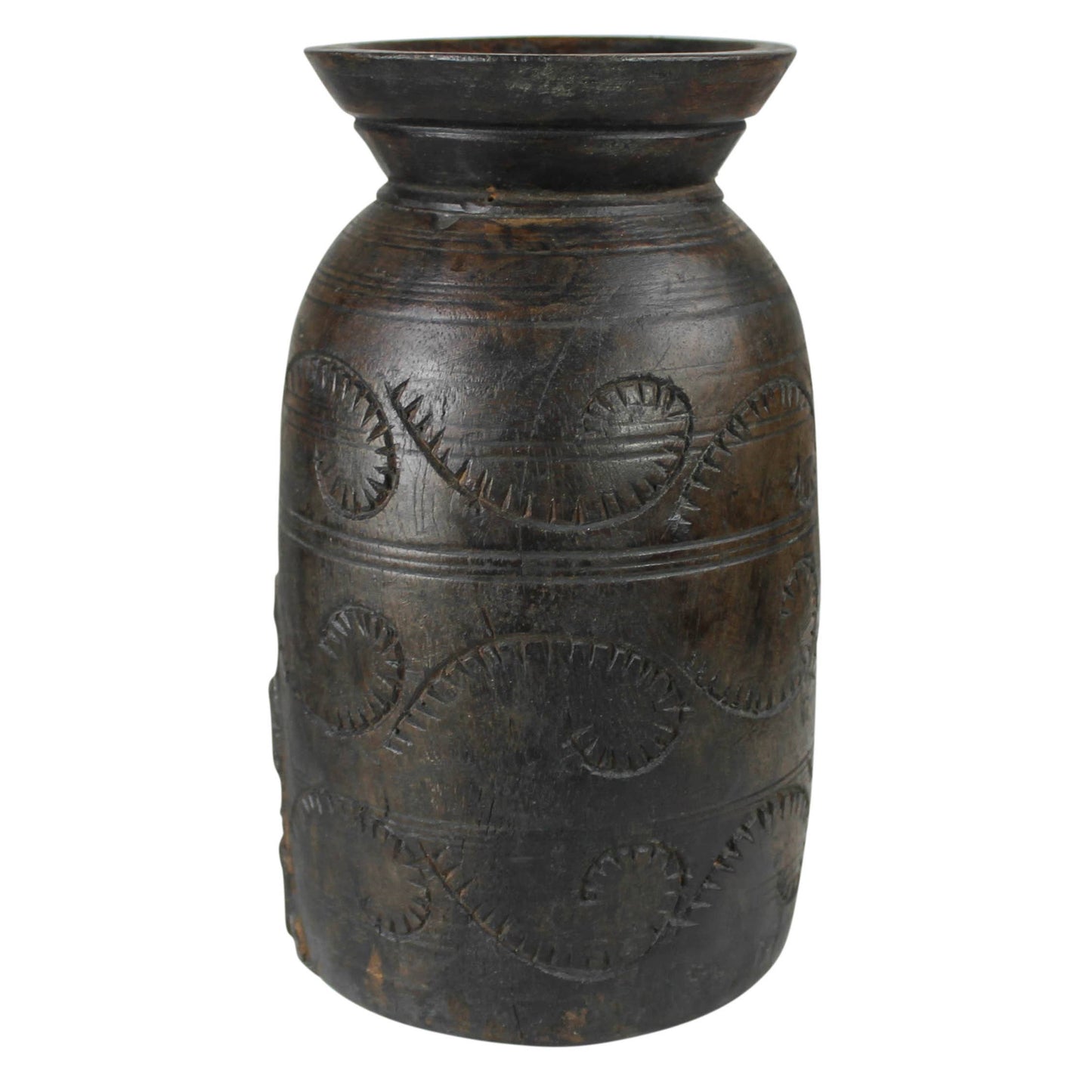 Carved Wood Pot, Dark - Med. One of a kind, Size will vary