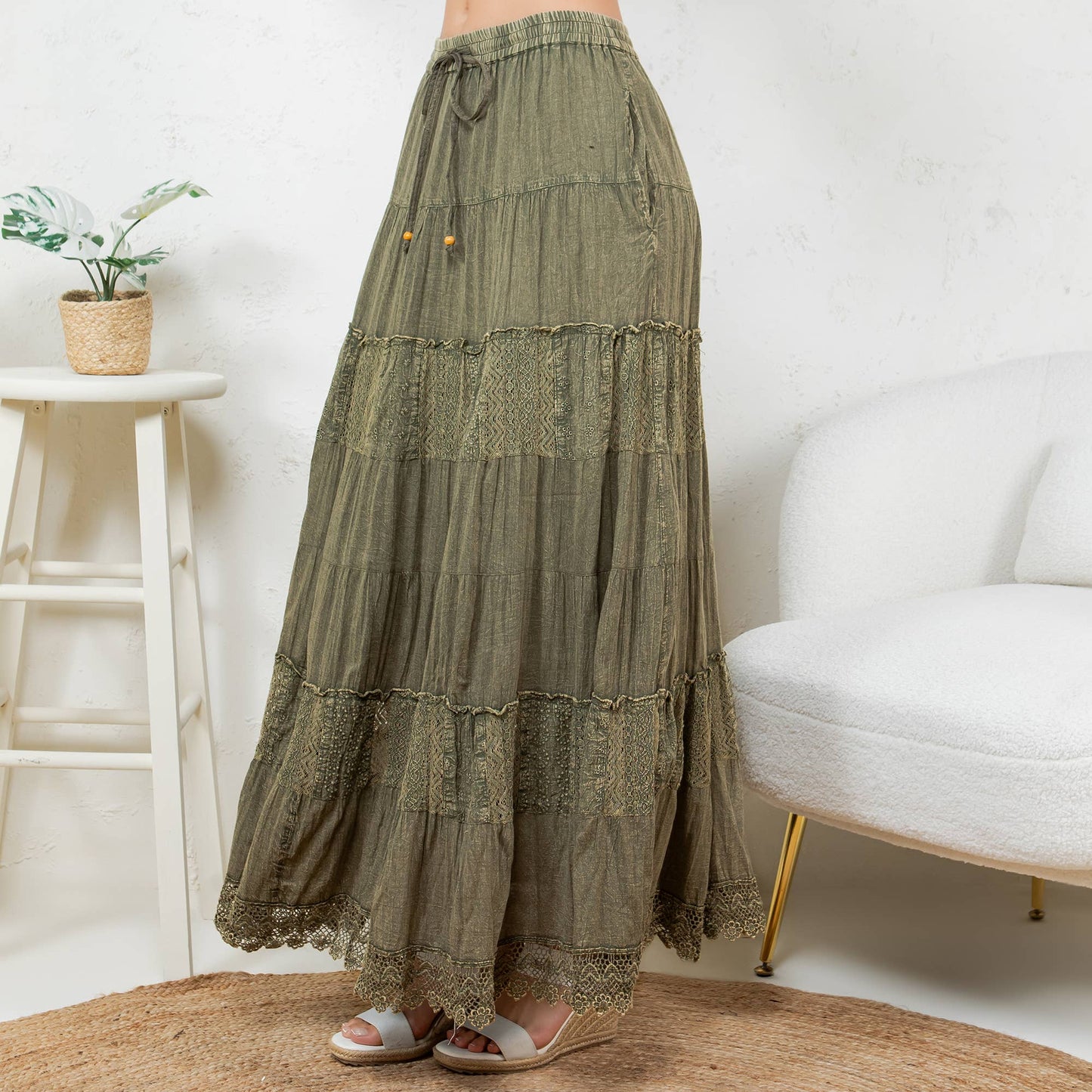 7 Tiered Crinkle Lace Patchwork Skirt with Pocket