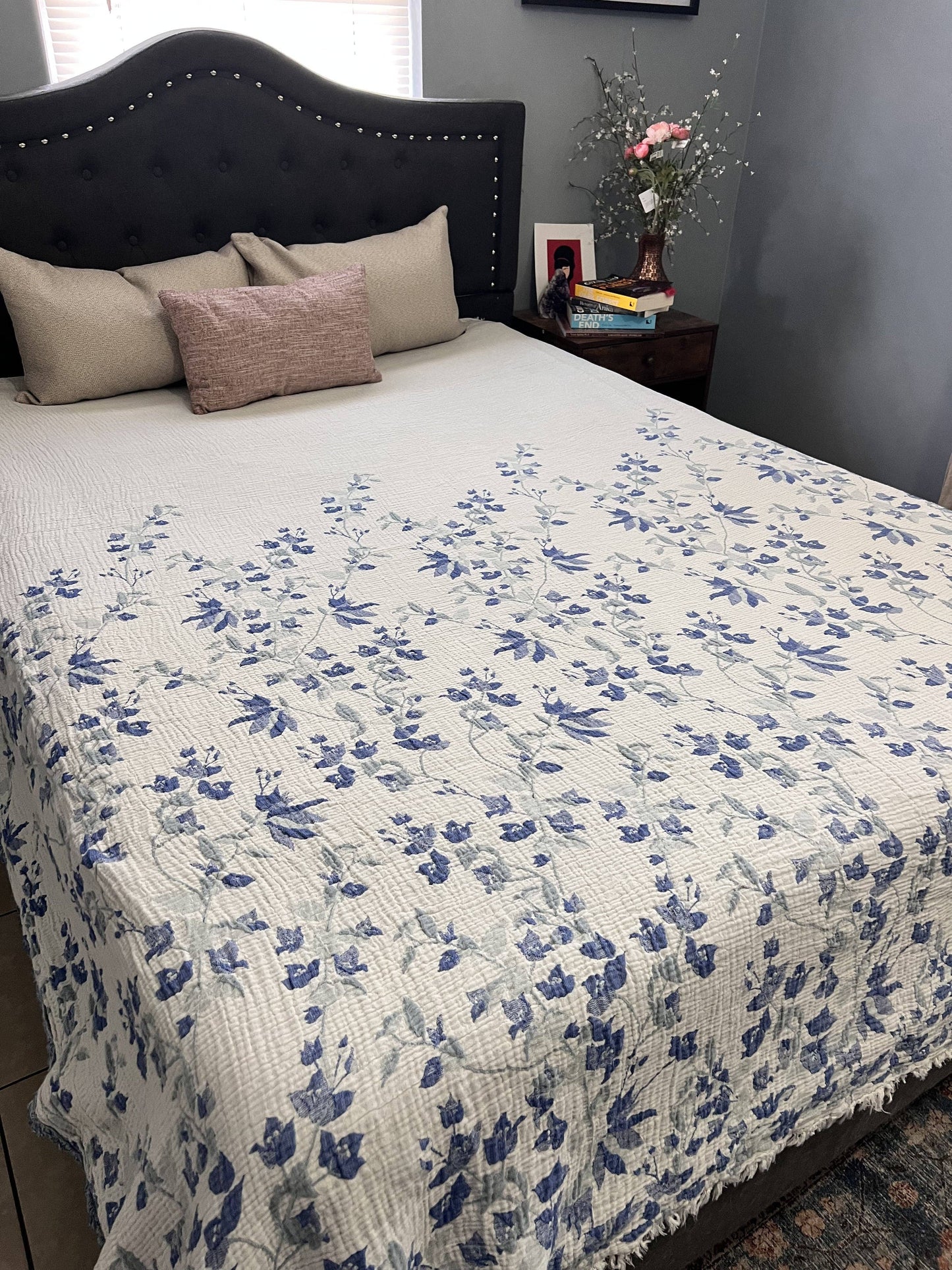 Bougainvillea Muslin Bed Blanket – Blue| Queen