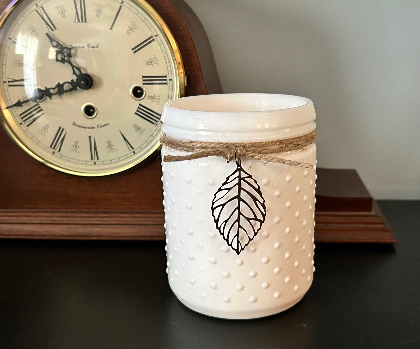 Vintage White Hobnail Candle with Leaf Charm