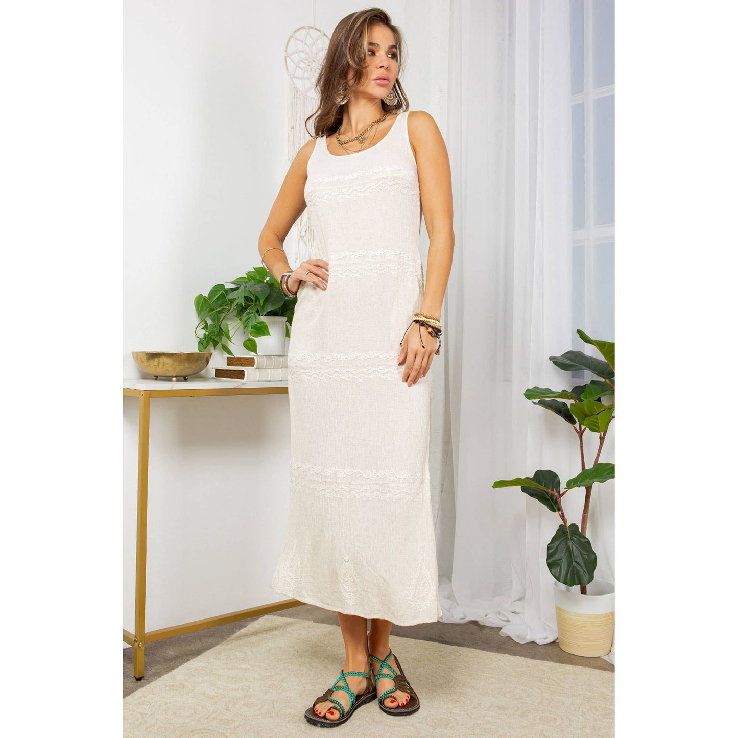 Earthy Serenade: Rayon Flax And Aari Split Mid Dress