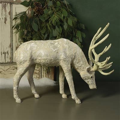 Scandinavian Stag Grazing - Lrg - Embroidered White