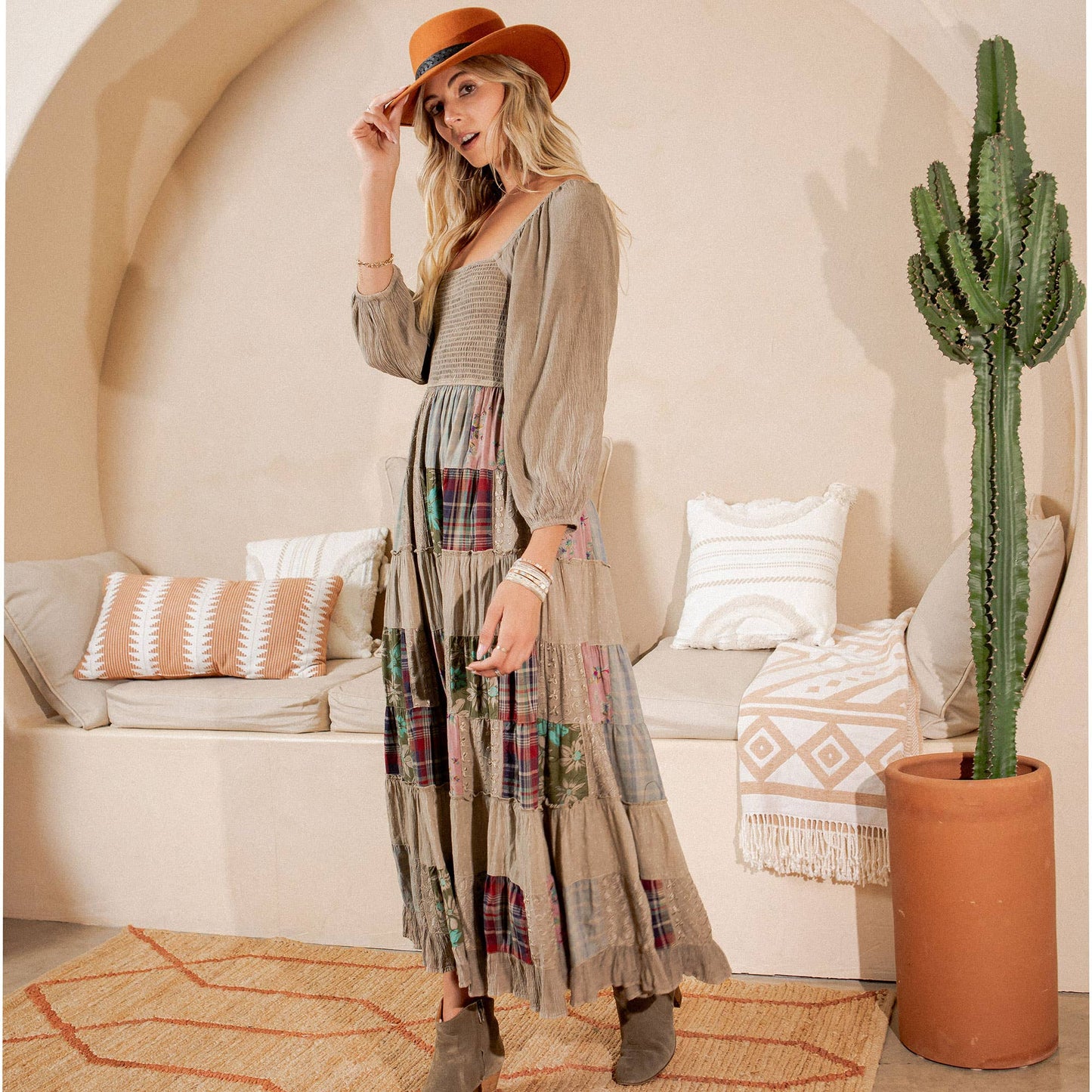 Rustic Bohemian: Smocked Patchwork Maxi Dress - New