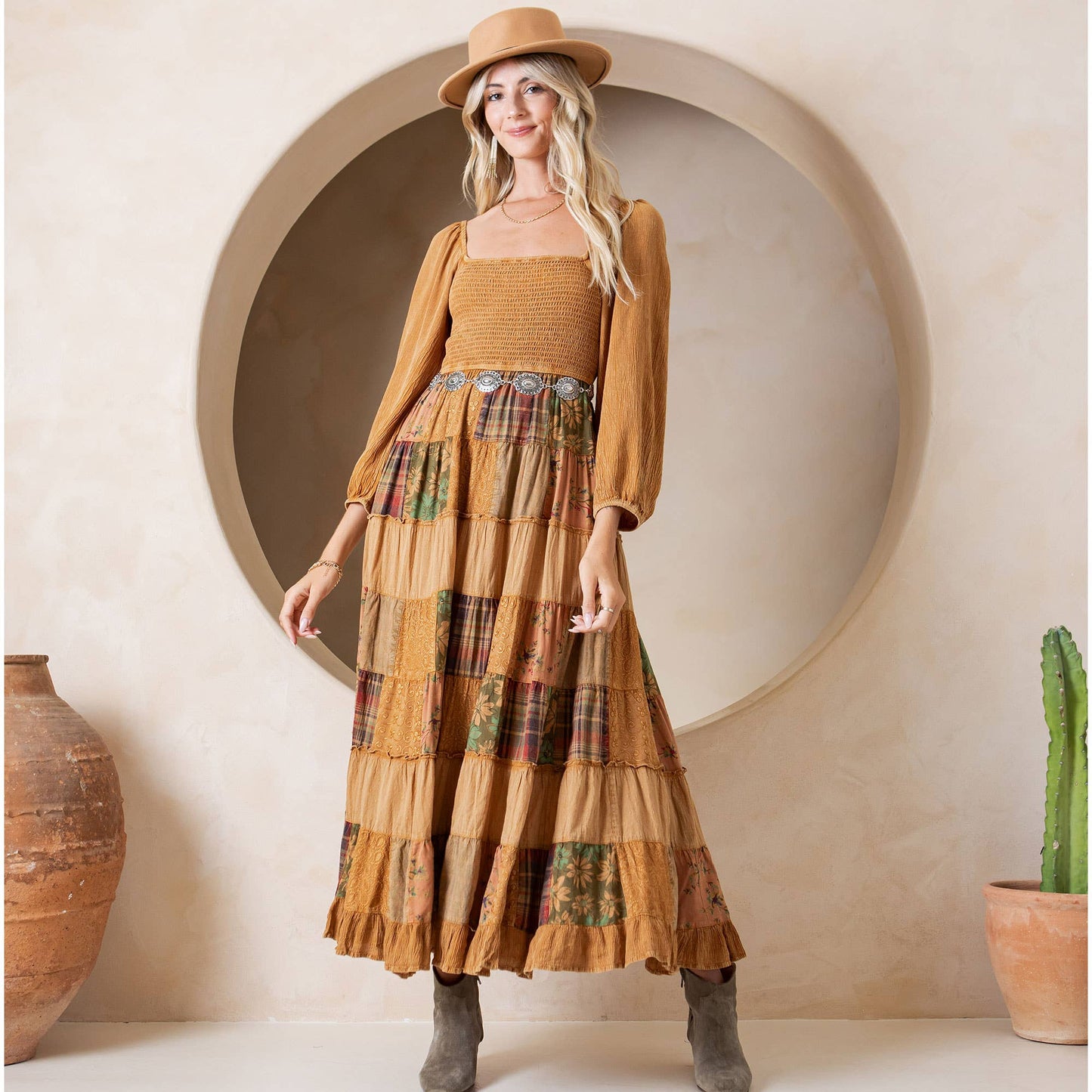 Rustic Bohemian: Smocked Patchwork Maxi Dress - New