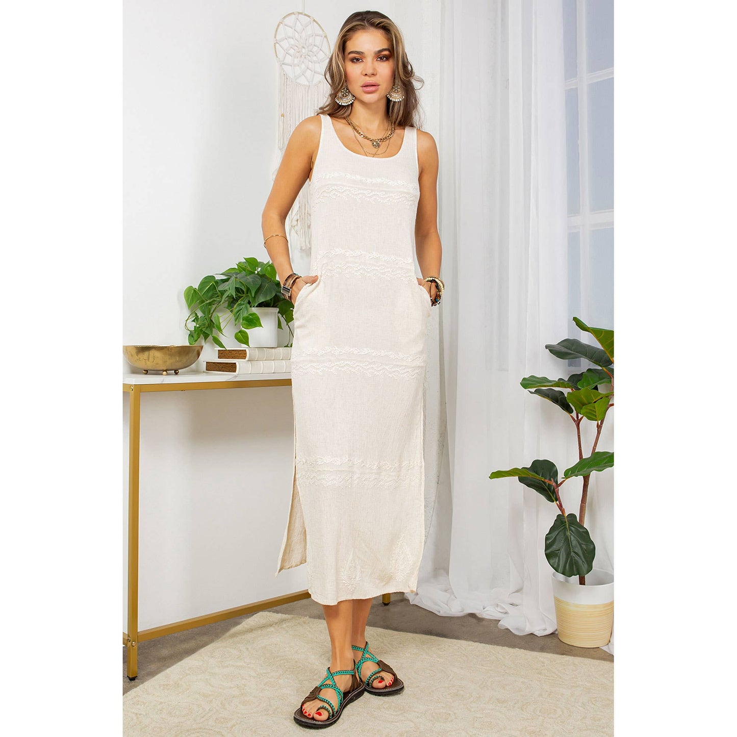 Earthy Serenade: Rayon Flax And Aari Split Mid Dress