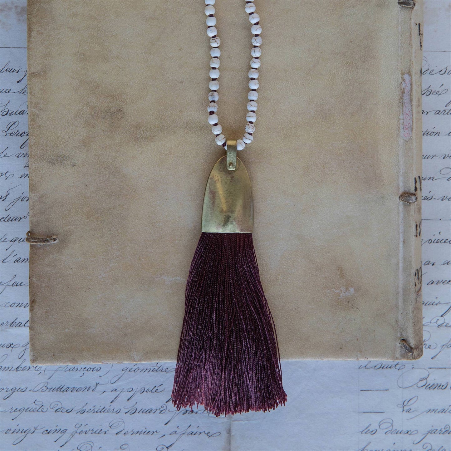 Brass and Tassel Pendant - Aubergine