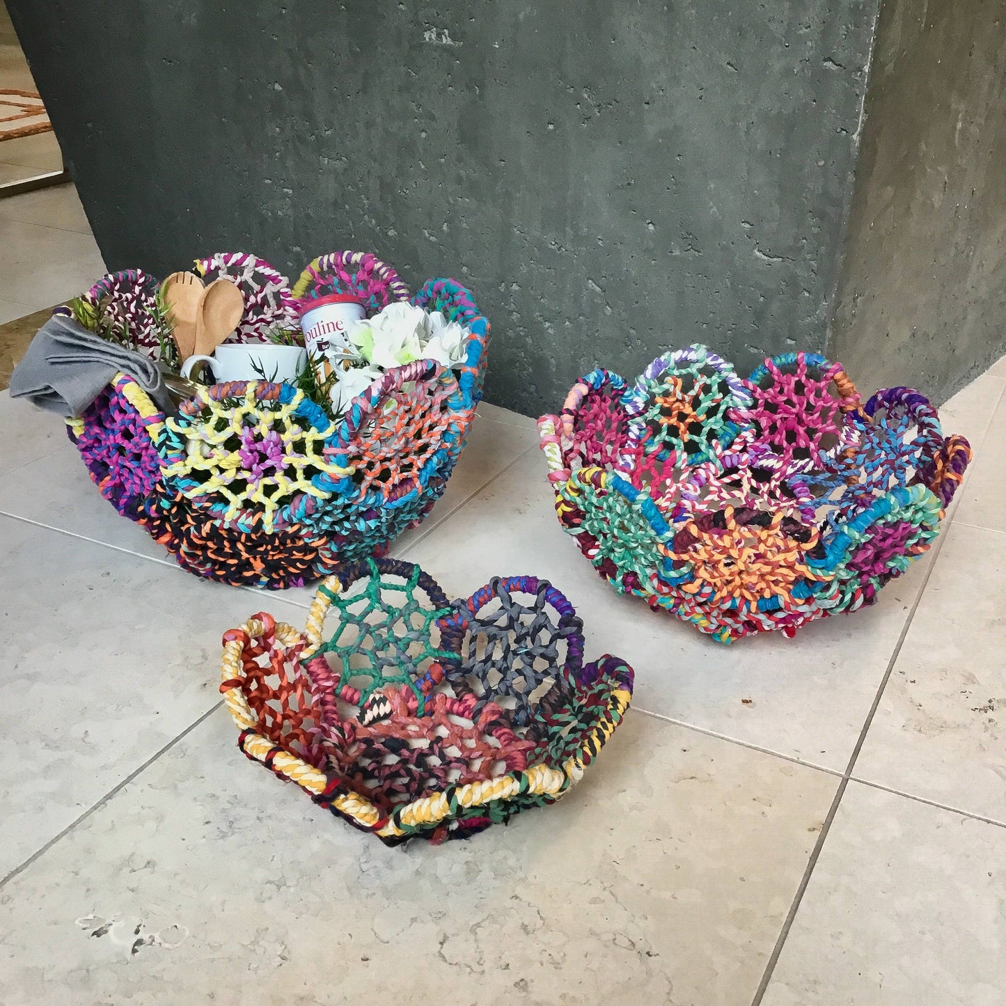 Colorful Jute Flower Baskets, 3-Piece Set