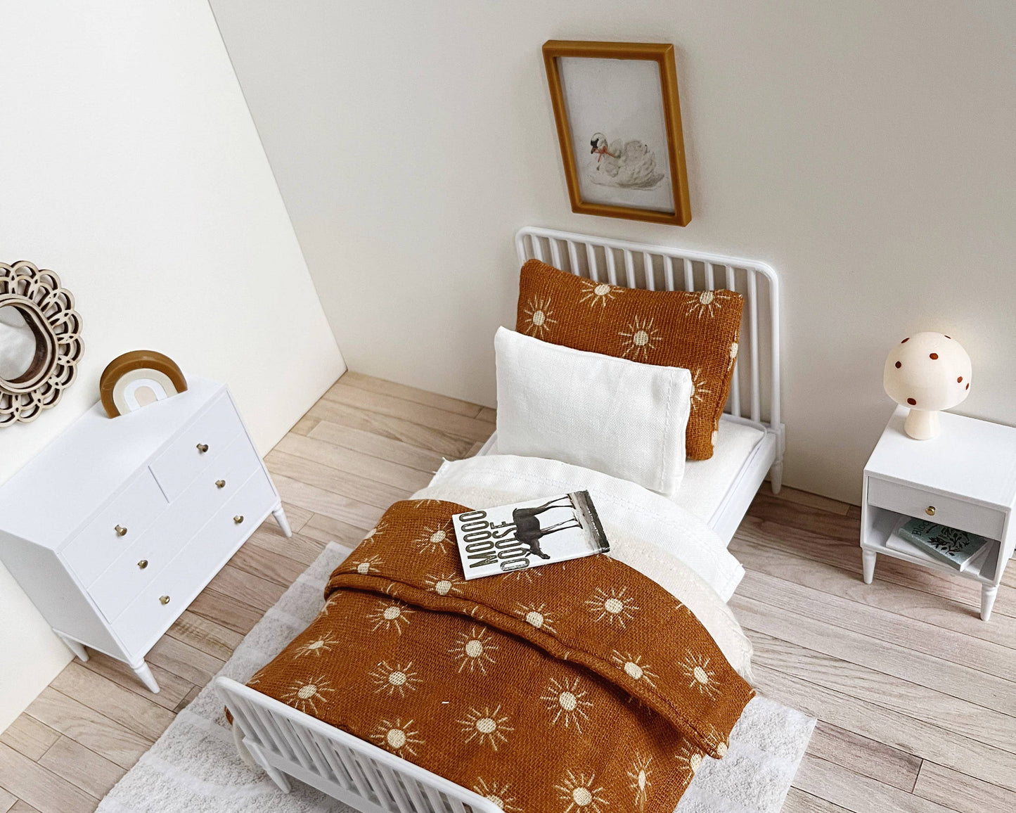 1:12 Scale Dollhouse Bed with Mattress, Twin or Queen
