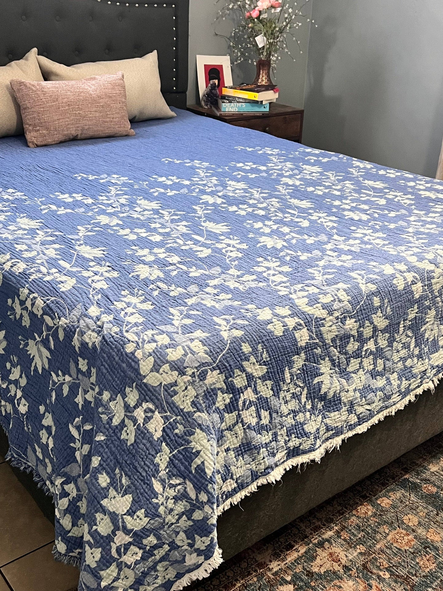 Bougainvillea Muslin Bed Blanket – Blue| Queen
