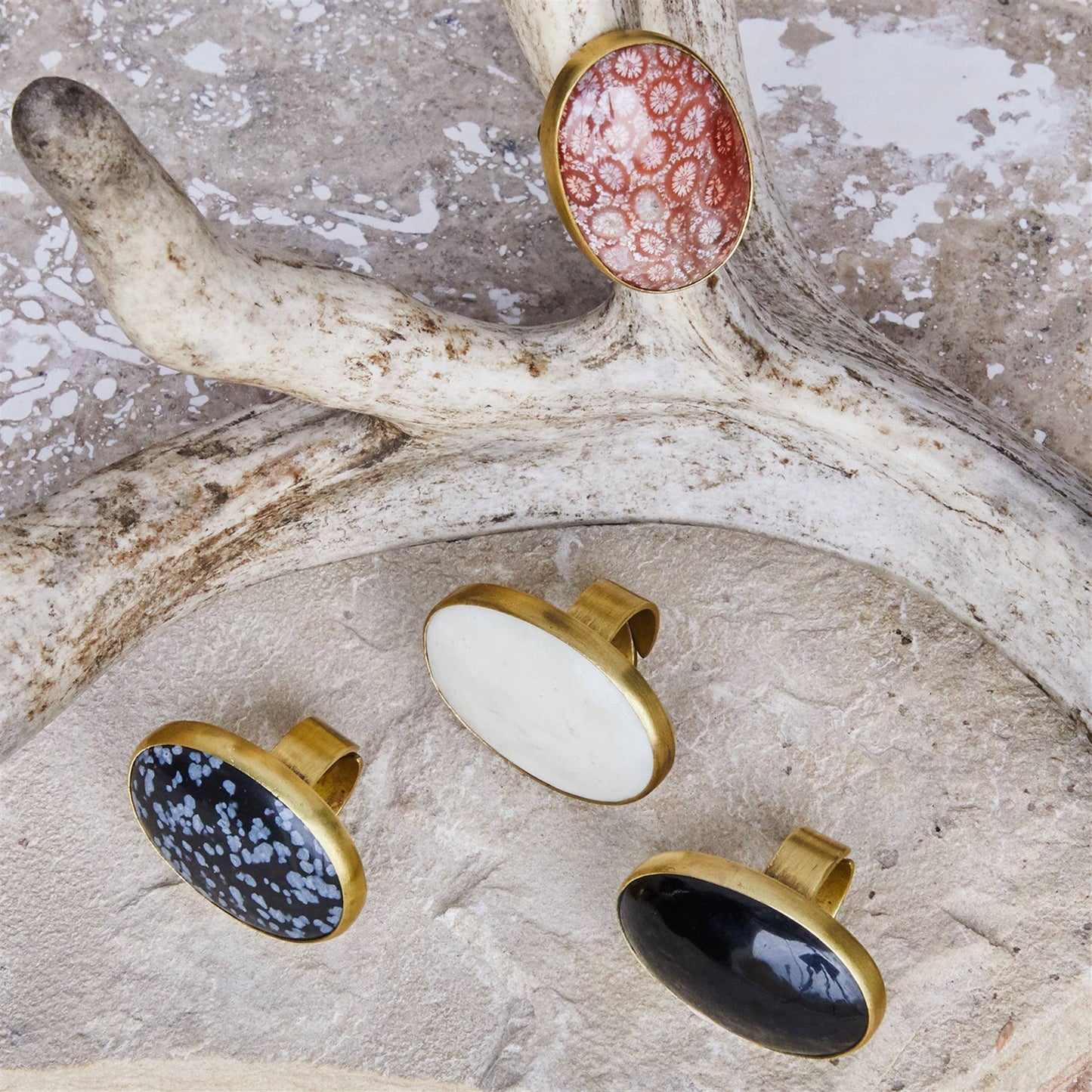 Bezel Set Ring, Brass - Fossilized Coral