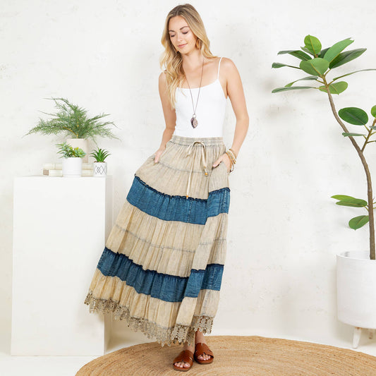 Boho Patchwork Long Skirt with Denim& Lace Inserts