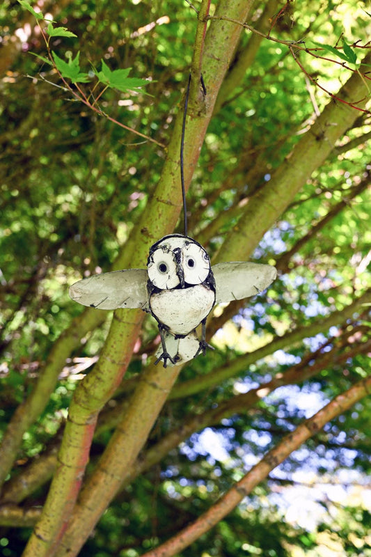 Owl in Flight Recycled Metal Hanging Sculpture
