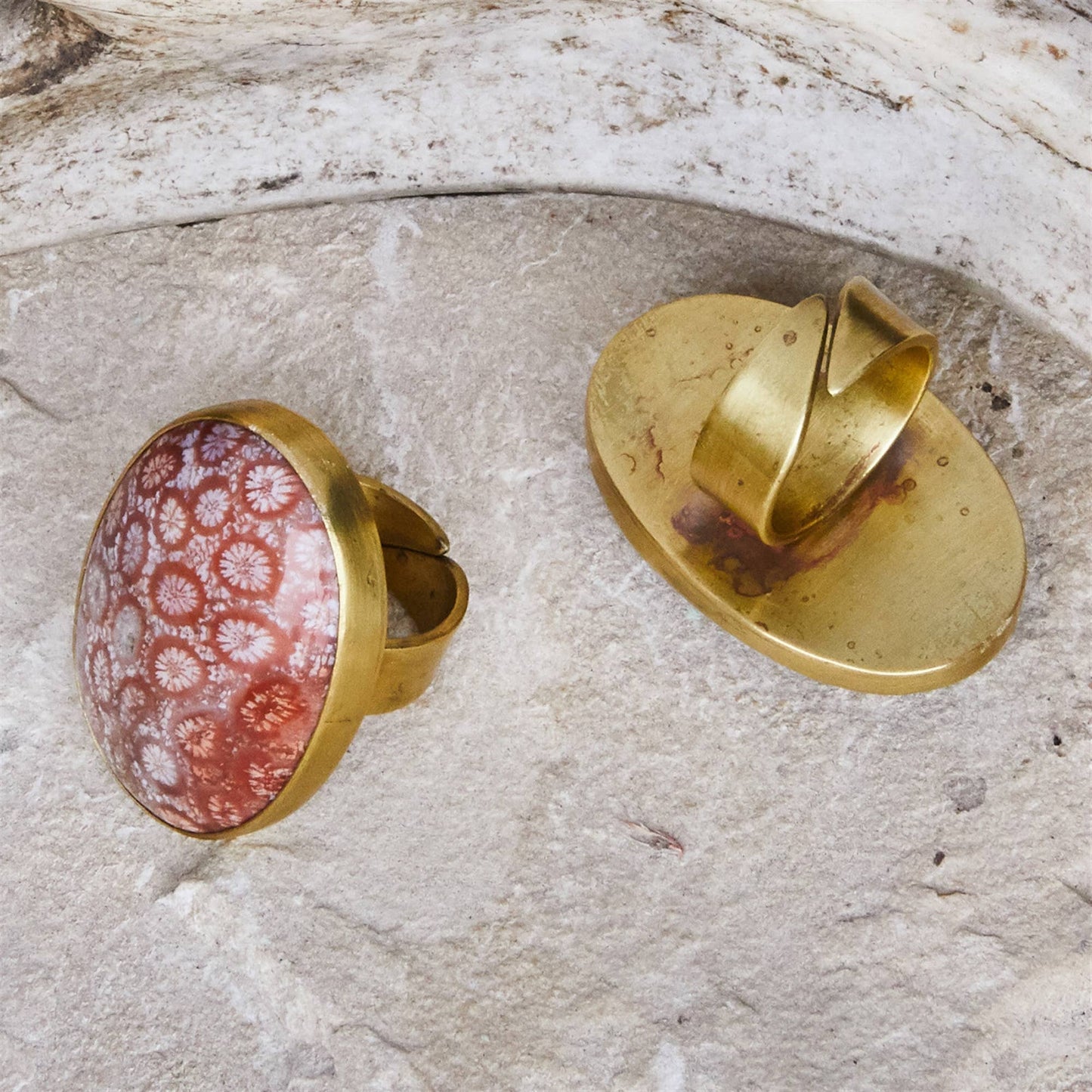 Bezel Set Ring, Brass - Fossilized Coral