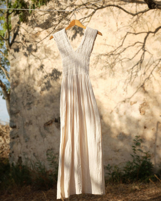 736 ALBAZER Gathered V-neck dress in beige organic cotton