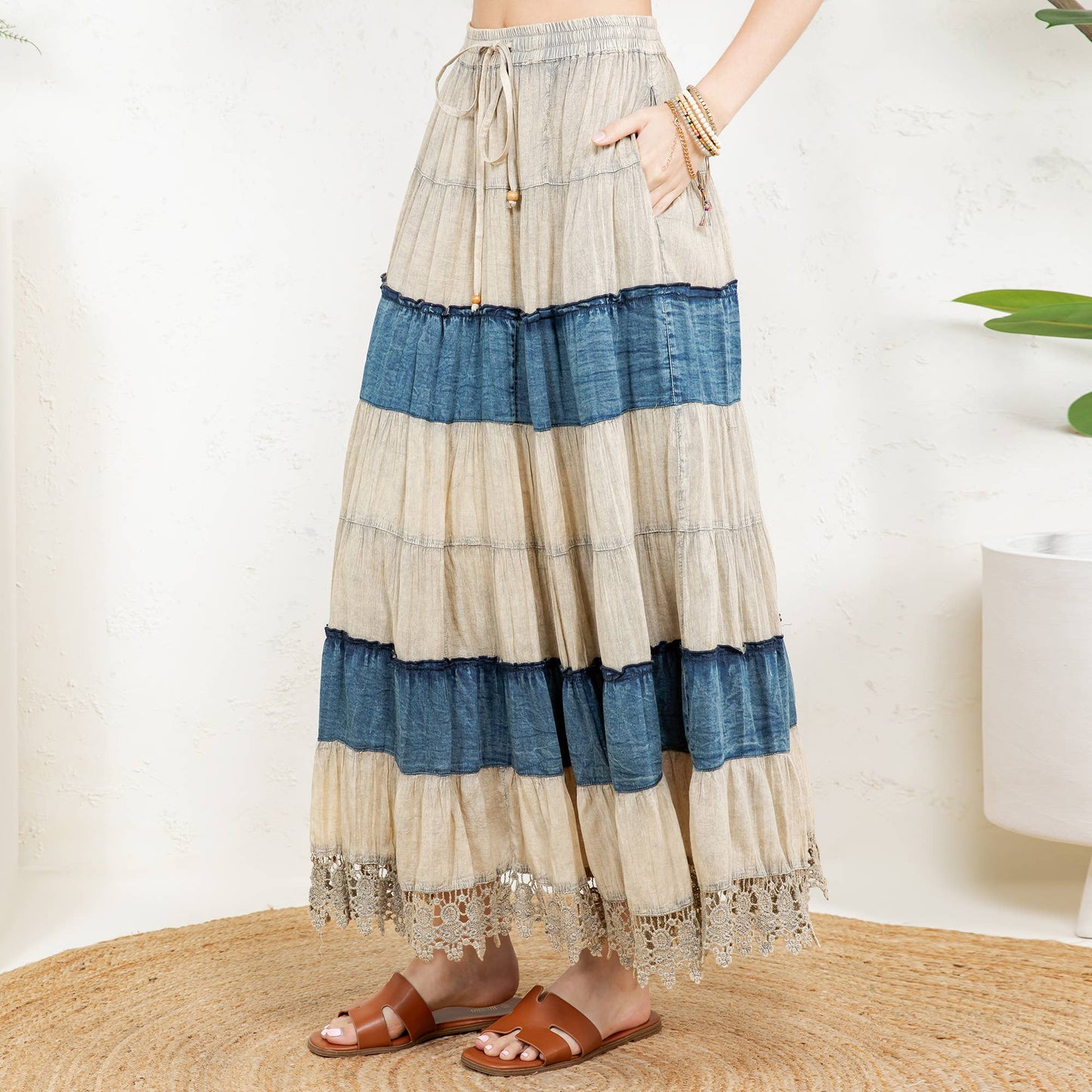 Boho Patchwork Long Skirt with Denim& Lace Inserts