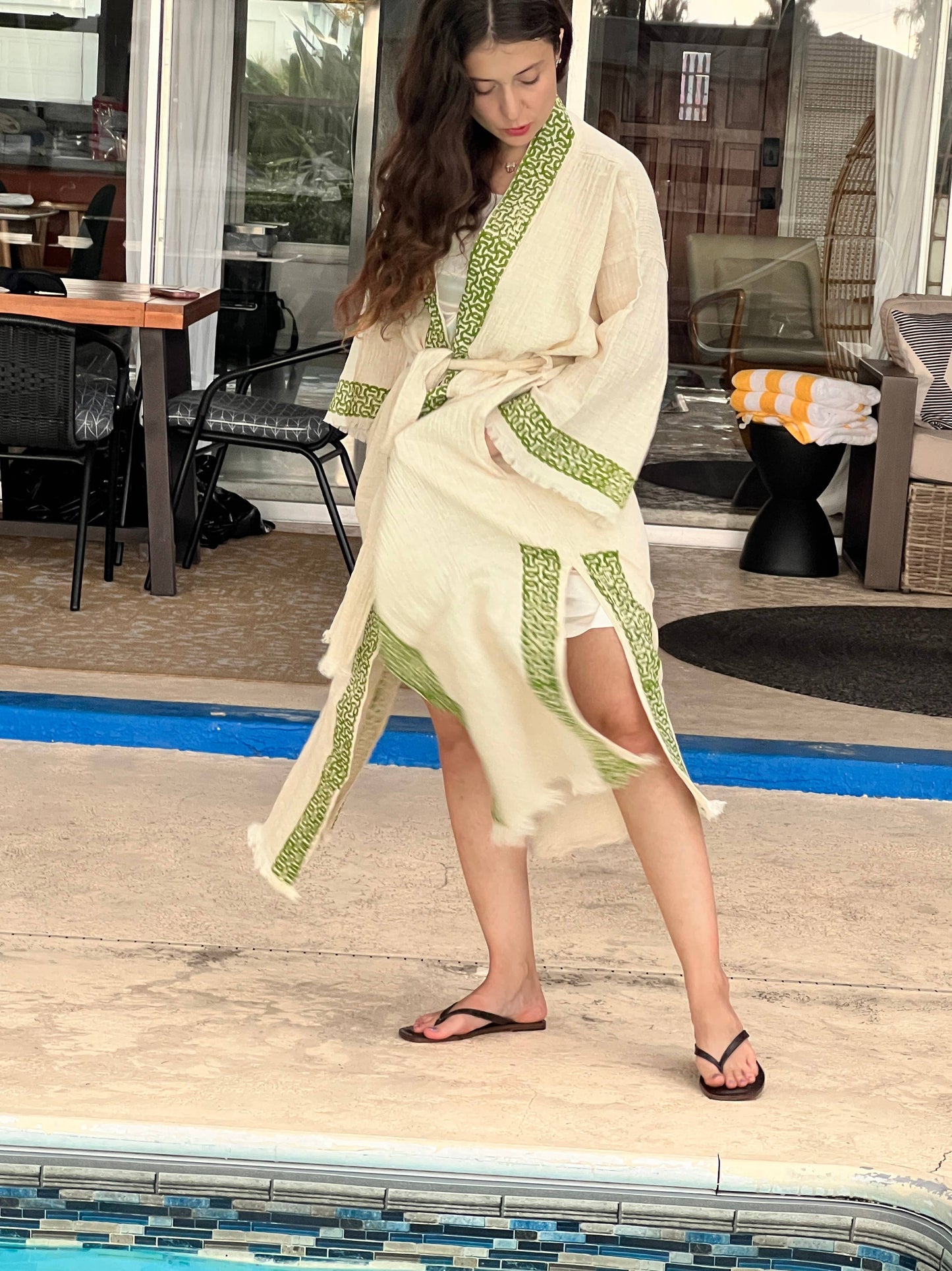 Boho Kimono Robe - Handmade Muslin  Kimono Green Print