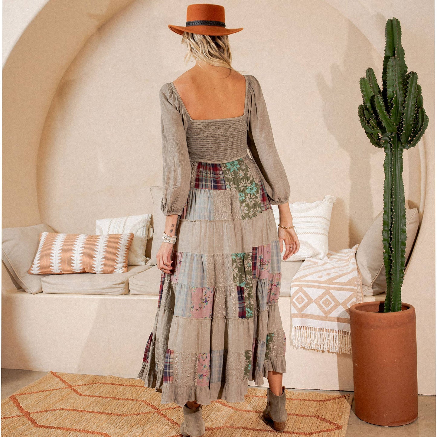 Rustic Bohemian: Smocked Patchwork Maxi Dress - New