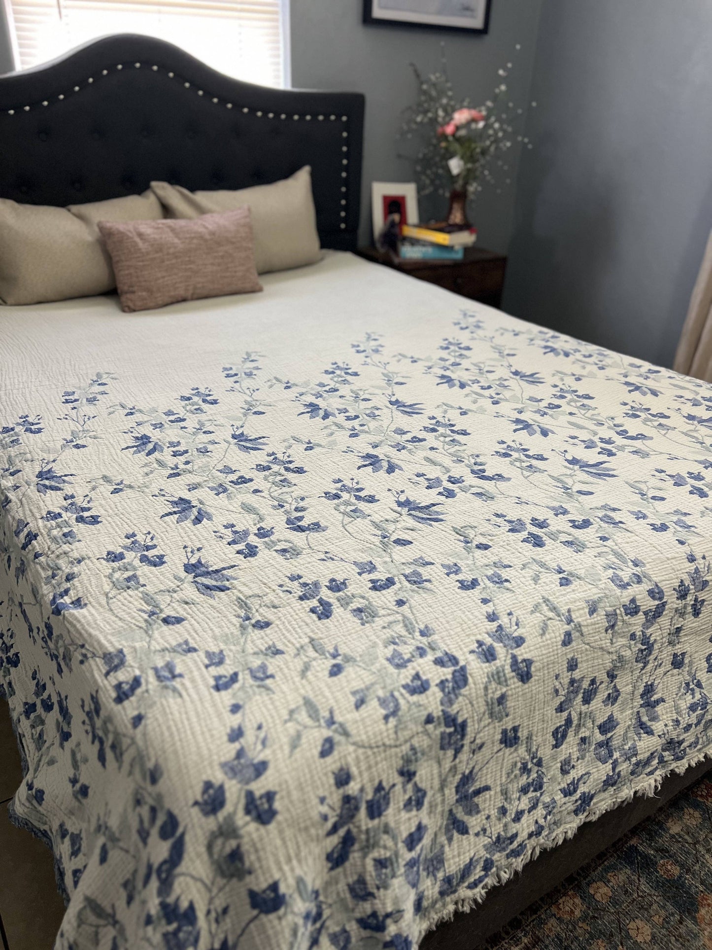 Bougainvillea Muslin Bed Blanket – Blue| Queen