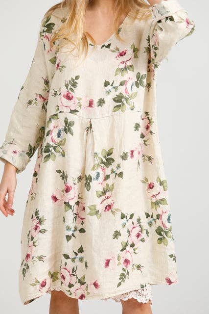 Amelia floral linen dress .  cream
