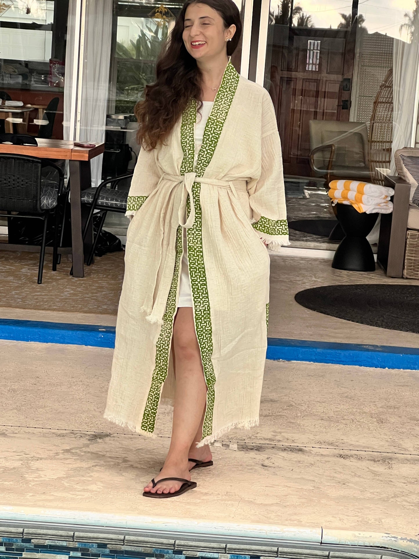 Boho Kimono Robe - Handmade Muslin  Kimono Green Print