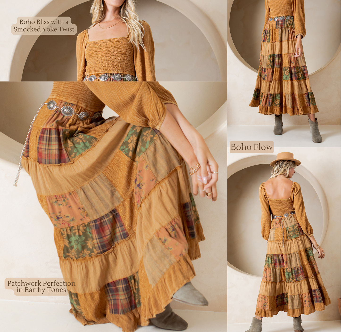 Rustic Bohemian: Smocked Patchwork Maxi Dress - New