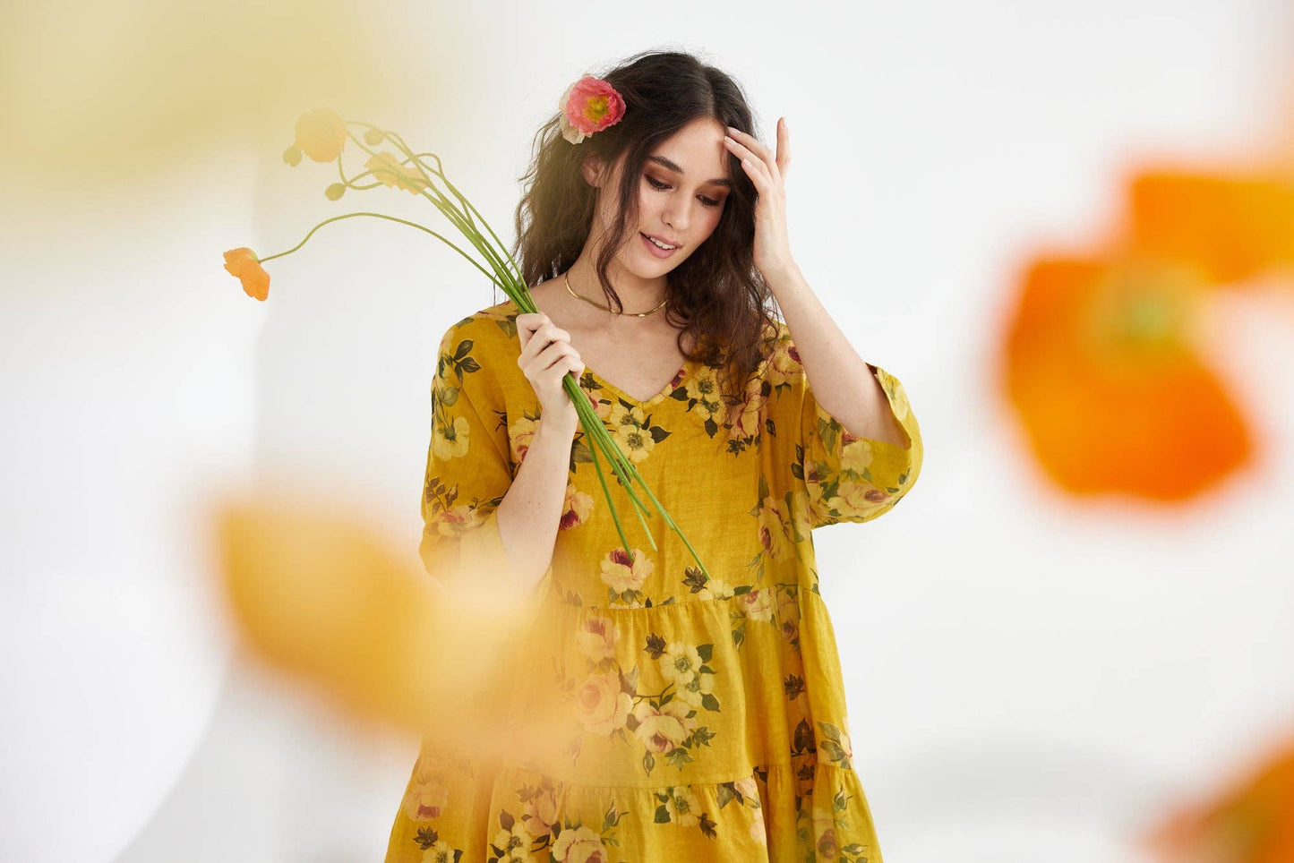 Stella Floral Linen Dress.  Sunflower