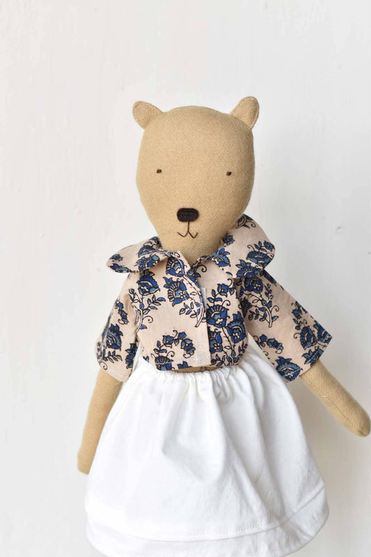 Agatha the Bear Doll-  Block Print Floral Shirt with skirt 