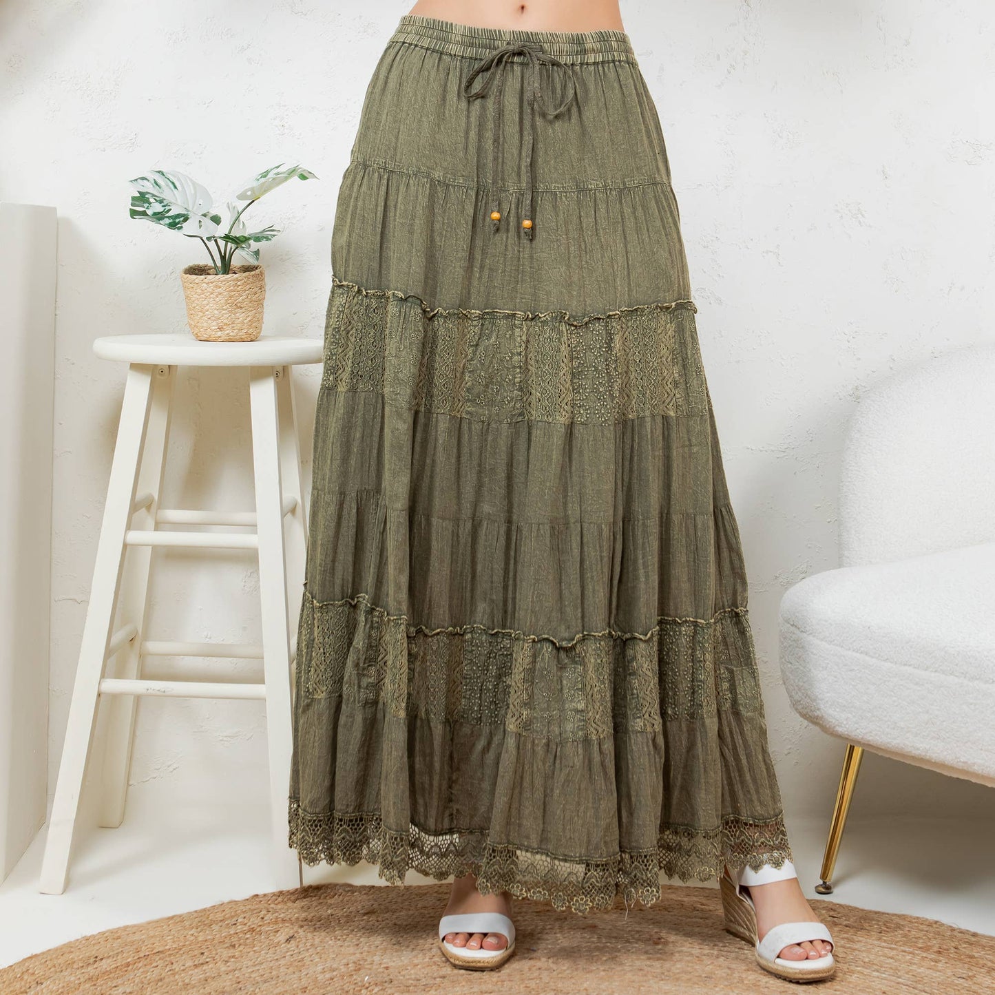 7 Tiered Crinkle Lace Patchwork Skirt with Pocket