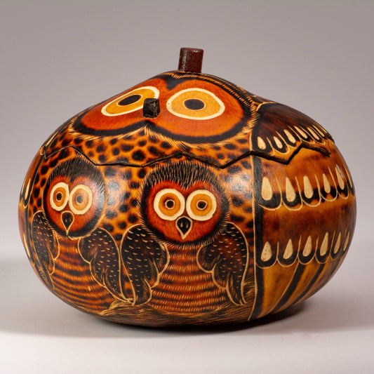 Owl Mom & Chick Carved Gourd Box - Medium - Gift Box