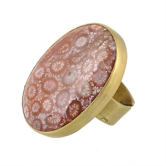 Bezel Set Ring, Brass - Fossilized Coral