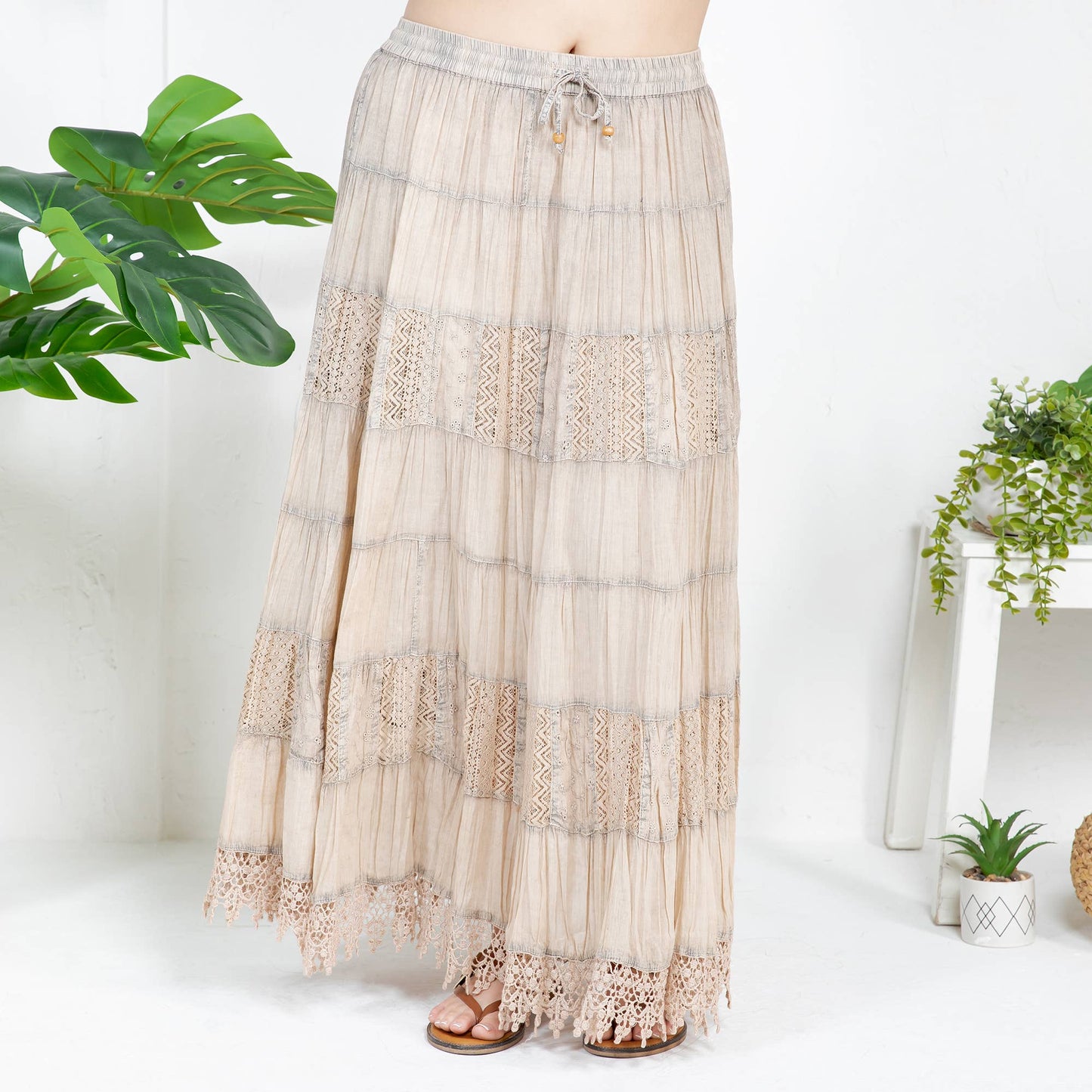 7 Tiered Crinkle Lace Patchwork Skirt with Pocket