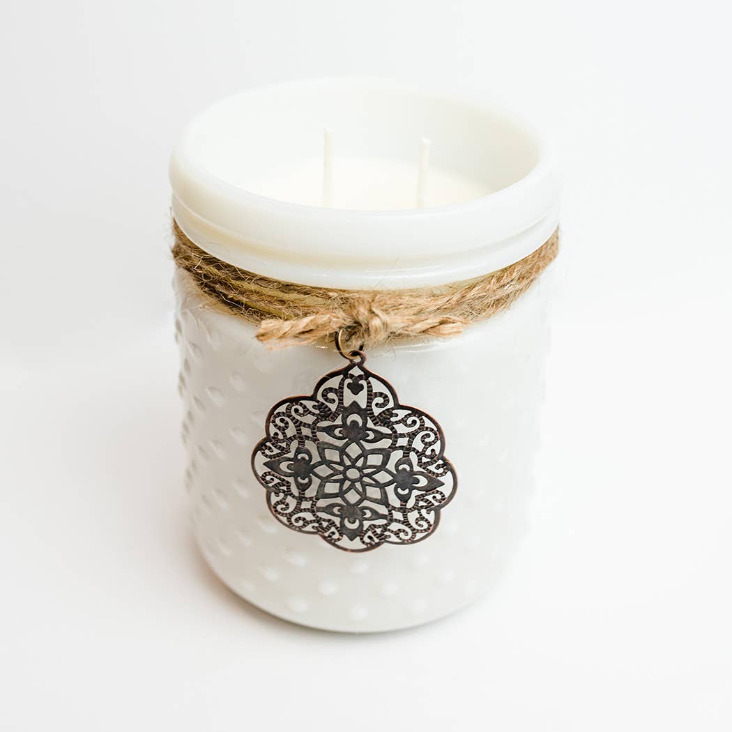 White Vintage Hobnail With Scroll Candle