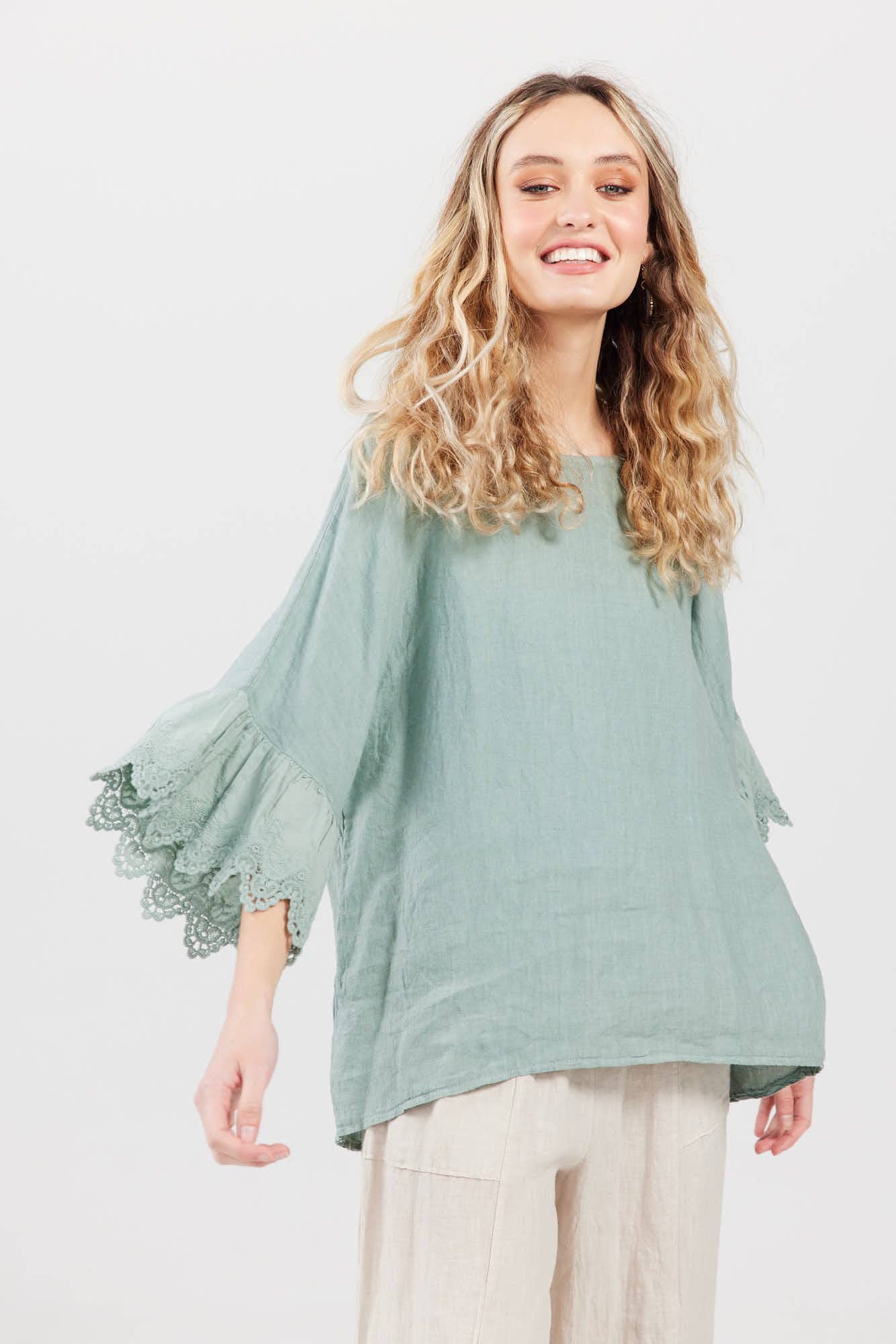 Ellie lace ruffled sleeve top. Pastel Sage green