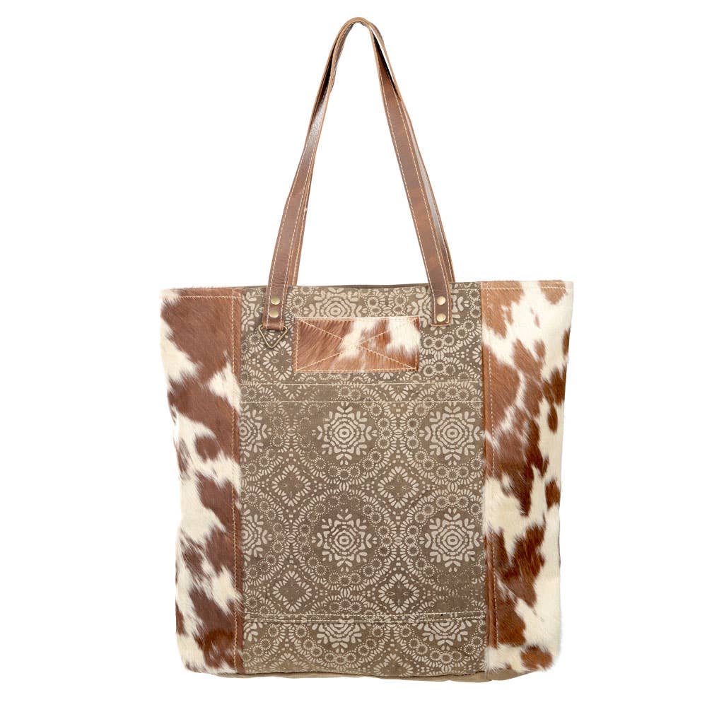 Brown Tote With Designed Front And Cowhide Sides