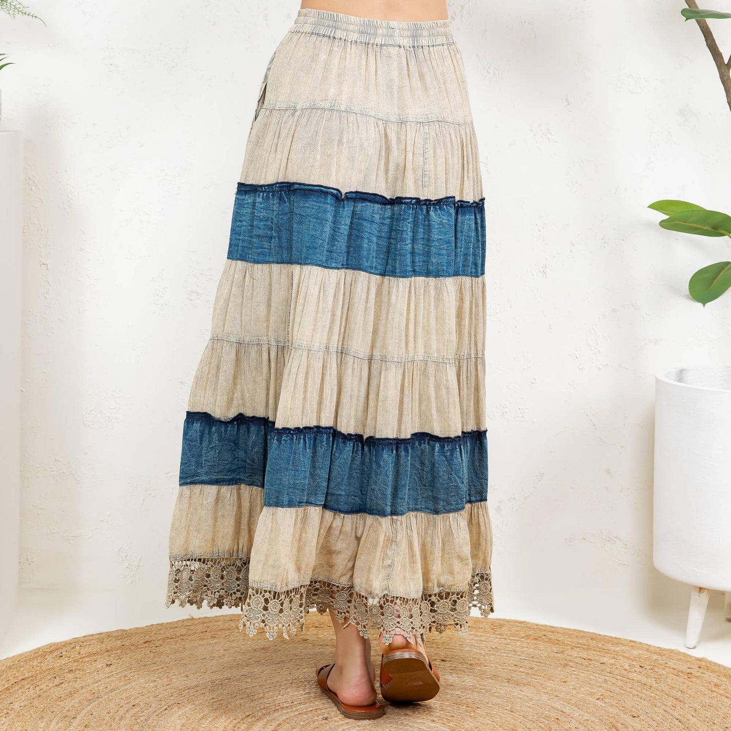 Boho Patchwork Long Skirt with Denim& Lace Inserts
