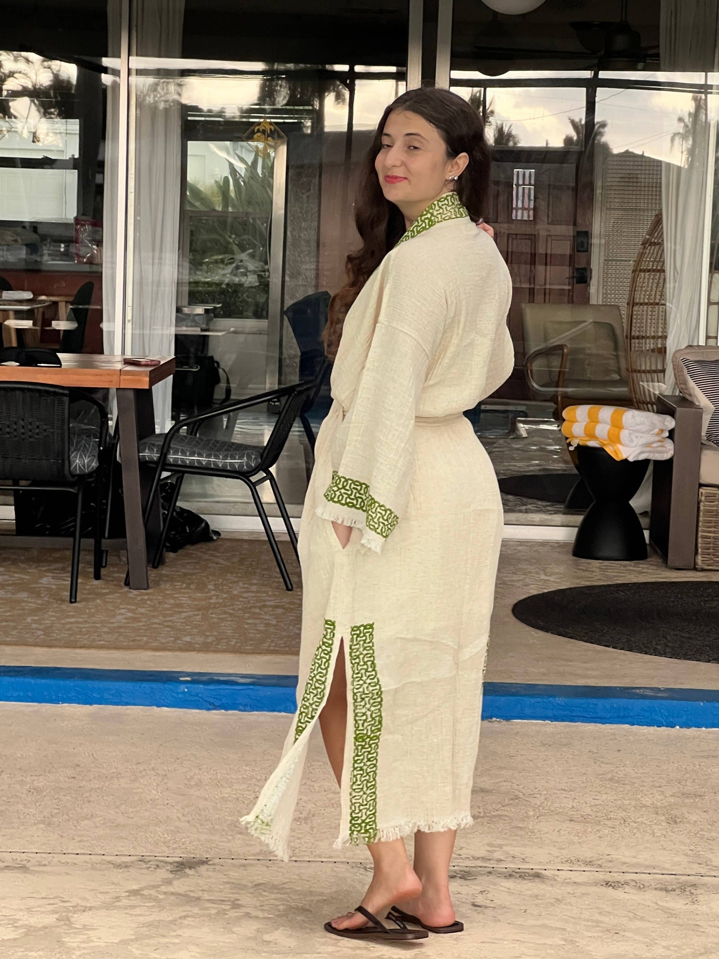 Boho Kimono Robe - Handmade Muslin  Kimono Green Print