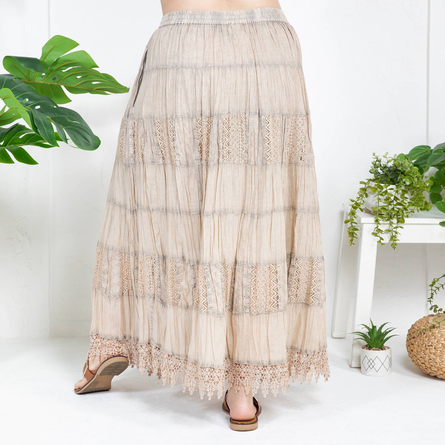 7 Tiered Crinkle Lace Patchwork Skirt with Pocket