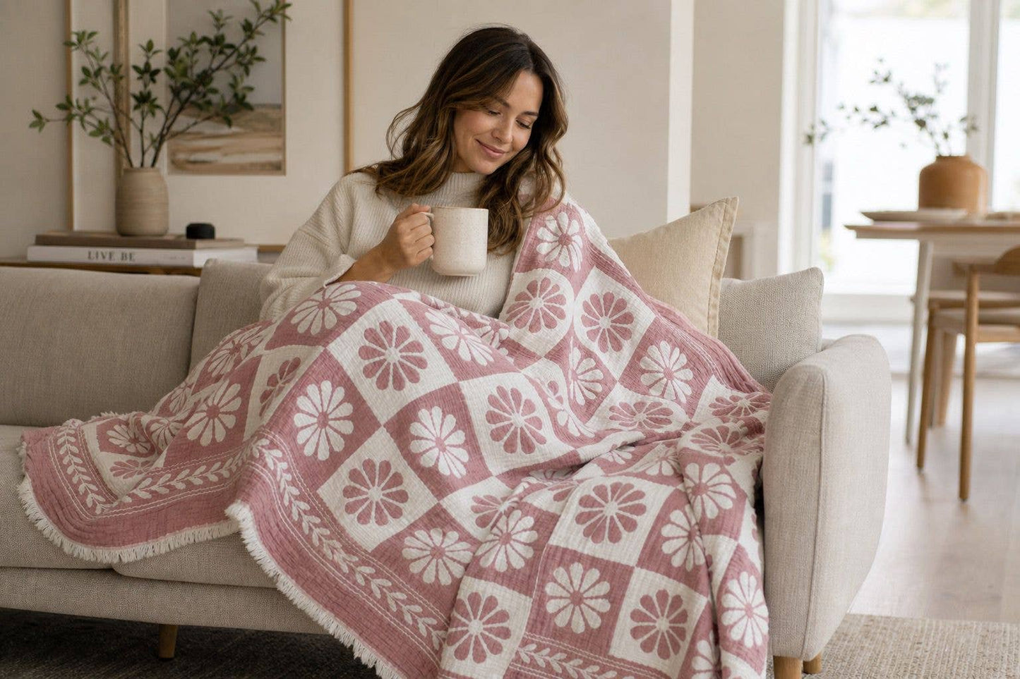Daisy Muslin Throw Blanket, Cotton, Beach Blanket
