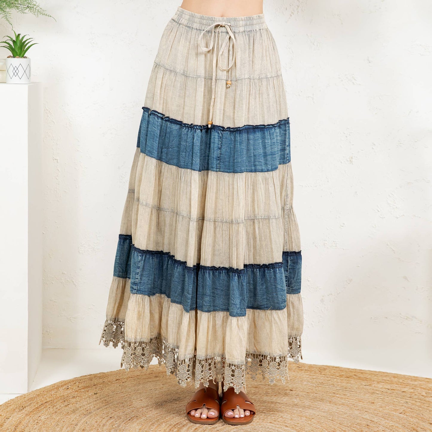 Boho Patchwork Long Skirt with Denim& Lace Inserts